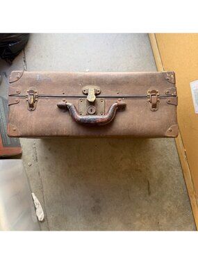 Antique Leather Hard-Shell Suitcase With Brass Hardware Patina & Railway Express